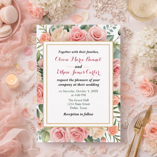 Elegante invitación de boda con marco dorado y flo (Subido por el creador)