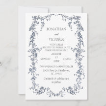 Elegante Invitación de Boda con Marco Floral Azul