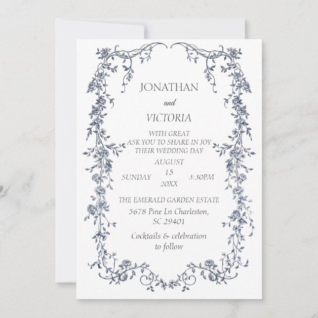 Elegante Invitación de Boda con Marco Floral Azul  (Anverso)