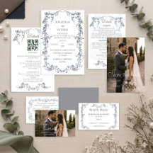 Elegante Invitación de Boda con Marco Floral Azul