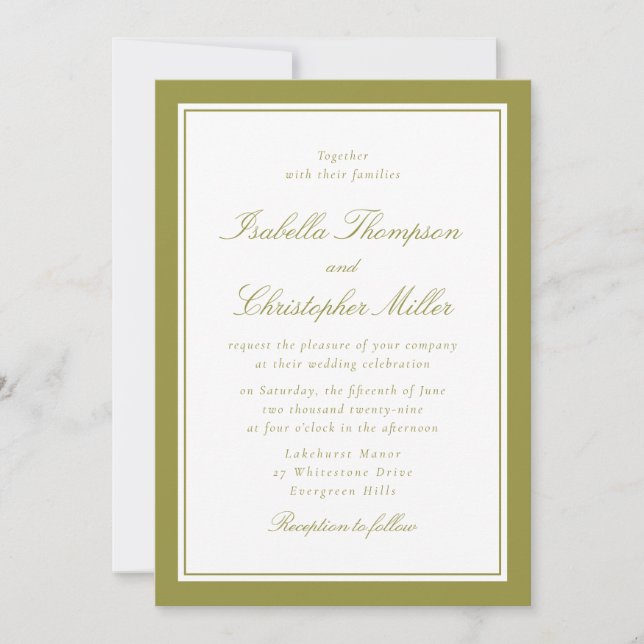 Elegante Invitación de Boda con Marco Verde de Cít (Anverso)