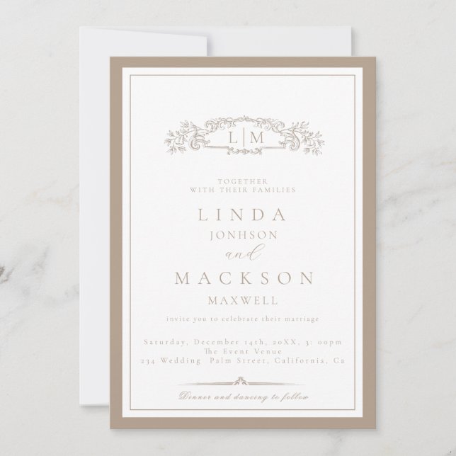 Elegante Invitación de Boda con Monograma de Crest (Anverso)