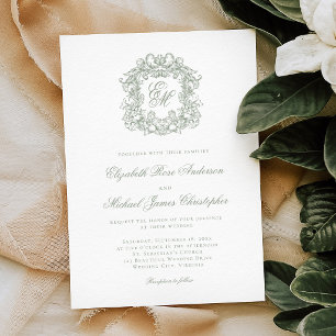 Elegante Invitación de Boda con Monograma en Verde