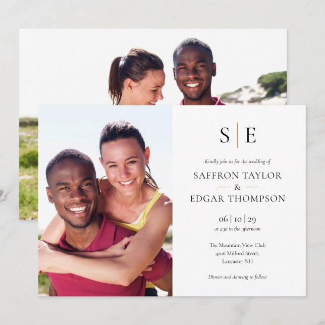 Elegante Invitación de Boda con Monograma Negro y  (Anverso / Reverso)