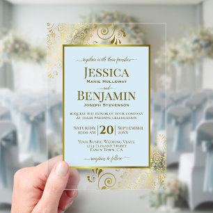 Elegante Invitación de Boda con Polvo Azul y Dorad