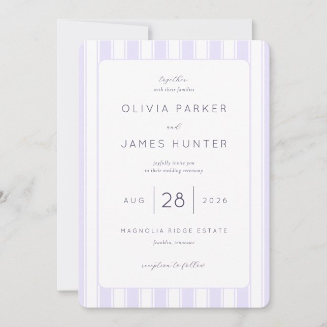 Elegante Invitación de Boda con Rayas de Lavanda (Anverso)