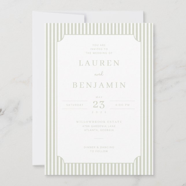 Elegante Invitación de Boda con Rayas de Salvia (Anverso)