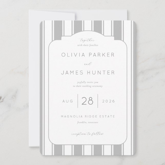 Elegante Invitación de Boda con Rayas Grises (Anverso)