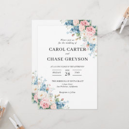 Elegante Invitación de Boda con Rosas en Rosa y Az