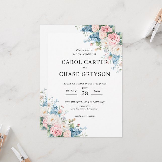 Elegante Invitación de Boda con Rosas en Rosa y Az (Anverso/Reverso In Situ)