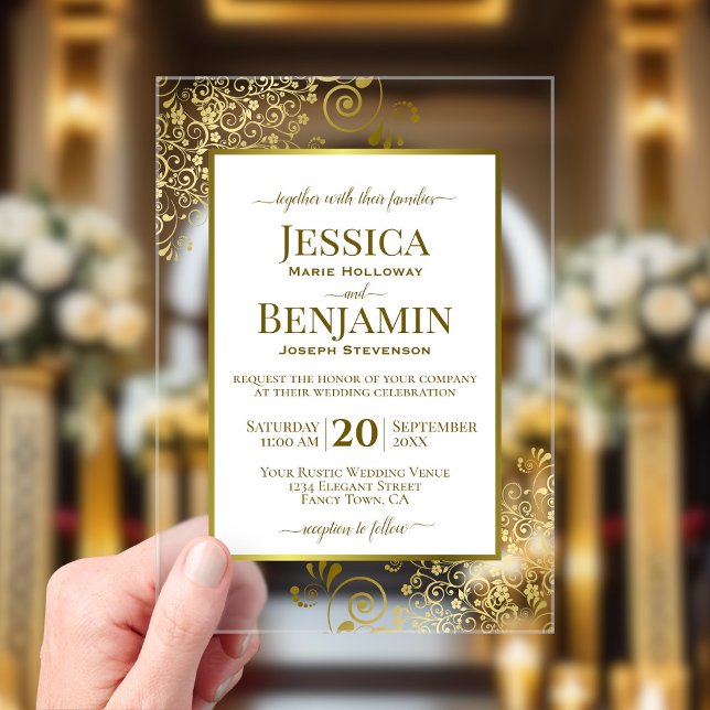 Elegante Invitación de Boda con Texto Dorado y Bla (Clear Acrylic with Rectangle Cut)