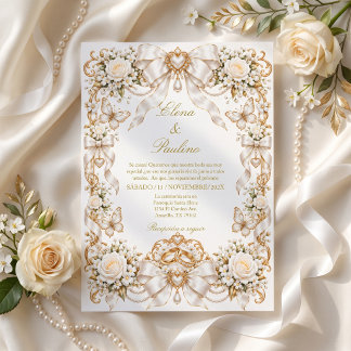 Elegante Invitación de Boda Coquette, lazo de Saté