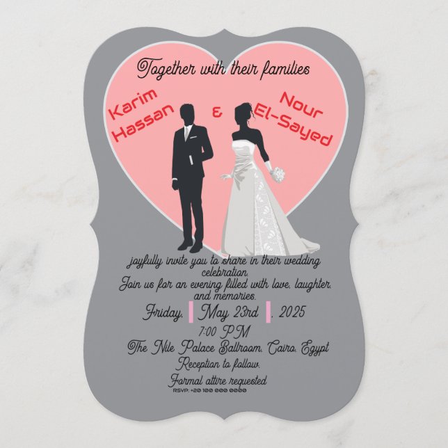 Elegante Invitación de Boda Corazón Rosa Gris para (Anverso)