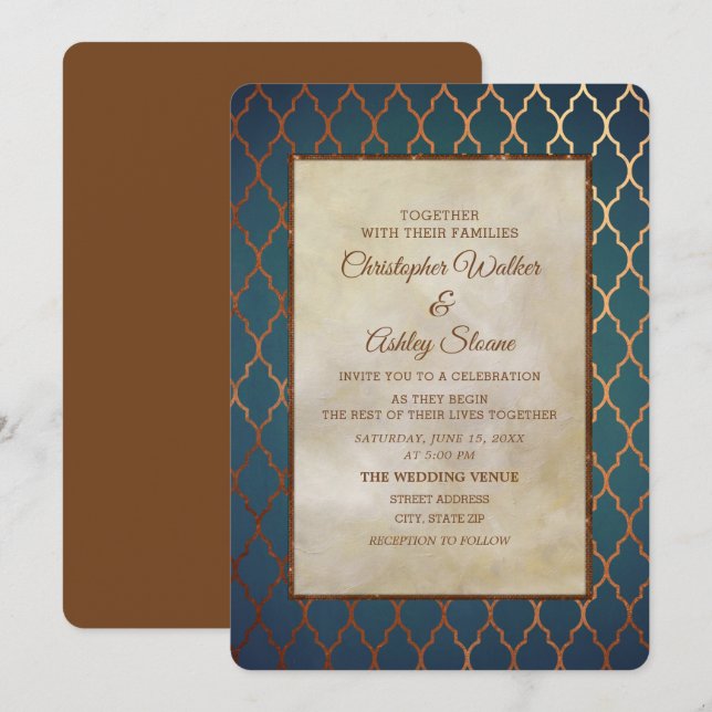 Elegante Invitación de Boda de Cobre y Verde Teal (Anverso / Reverso)