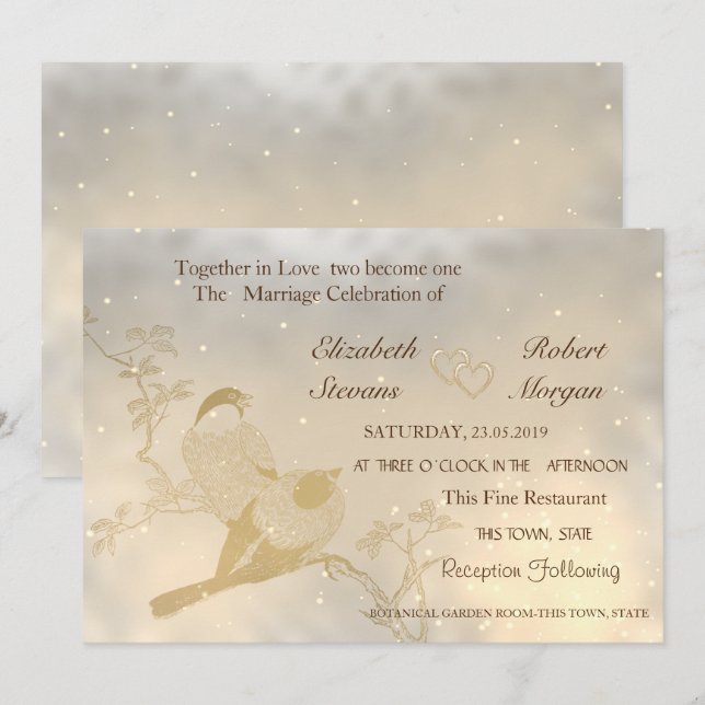 Elegante Invitación de Boda de Corazones de Oro Ch (Anverso / Reverso)