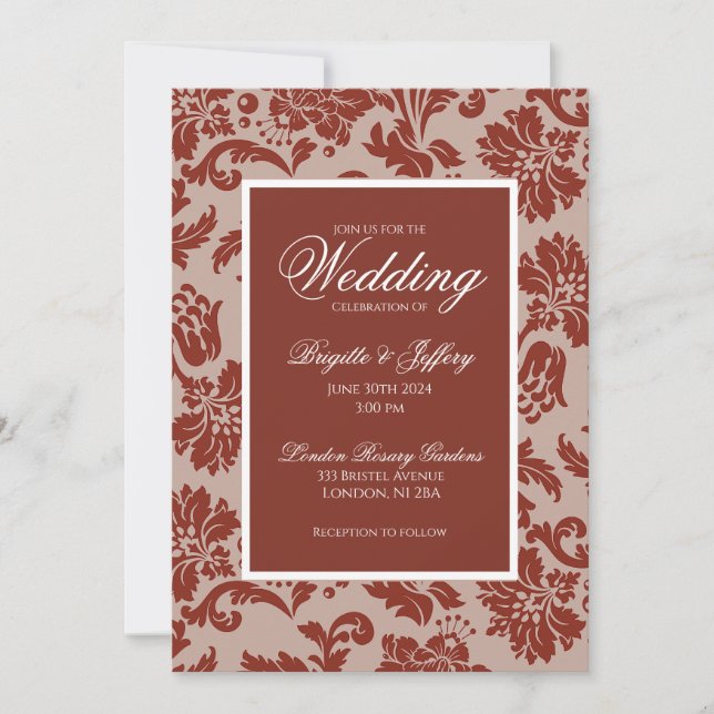 Elegante invitación de boda de damasco de óxido de (Anverso)