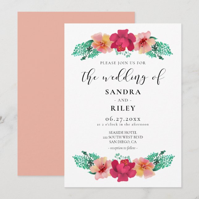 Elegante invitación de boda de diseño floral (Anverso / Reverso)