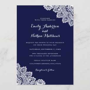 Elegante invitación de boda de encaje azul marino