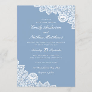 Elegante Invitación de Boda de Encaje Blanco Azul