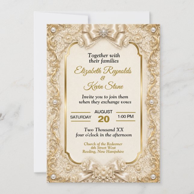 Elegante Invitación de Boda de Encaje Blanco Suave (Anverso)