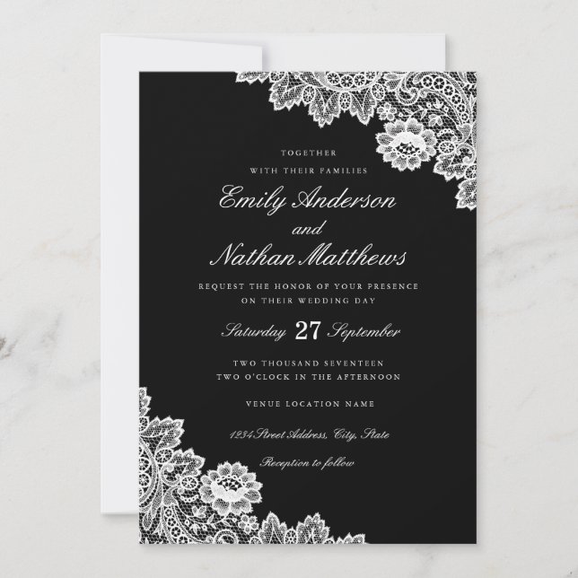 Elegante invitación de boda de encaje en blanco y  (Anverso)