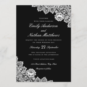 Elegante invitación de boda de encaje en blanco y 