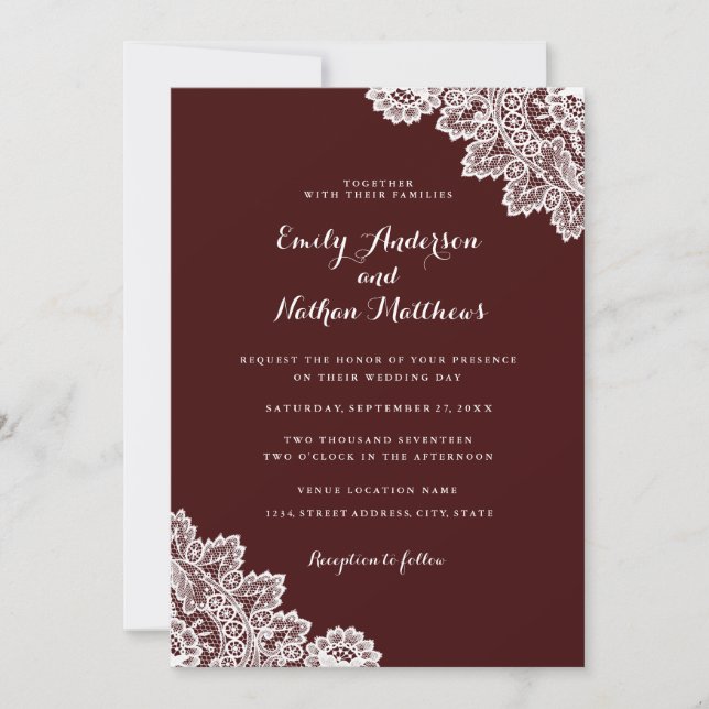 Elegante Invitación de Boda de Encaje Rojo Borgoña (Anverso)