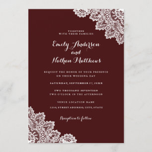 Elegante Invitación de Boda de Encaje Rojo Borgoña