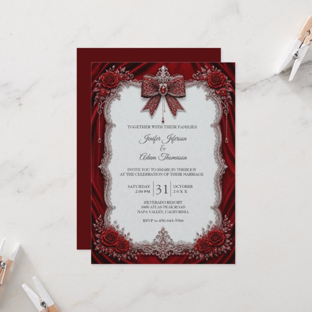 Elegante Invitación de Boda de Encaje Rojo Vintage (Anverso/Reverso In Situ)