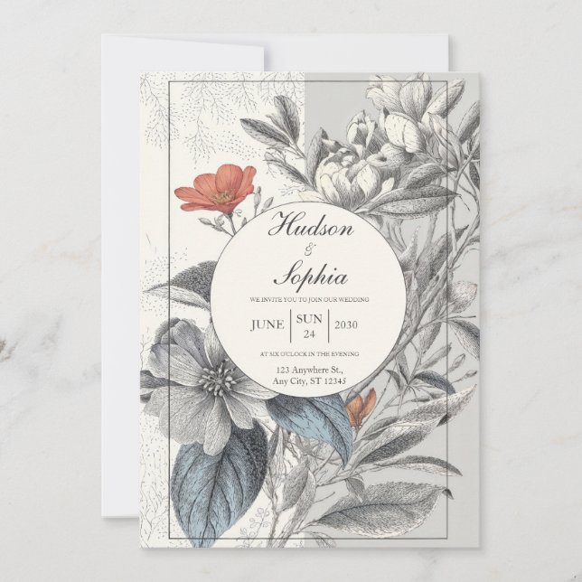 Elegante Invitación de Boda de Esbozo Botánico (Anverso)