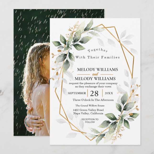 Elegante Invitación de Boda de Eucalipto Verde Sal (Anverso / Reverso)