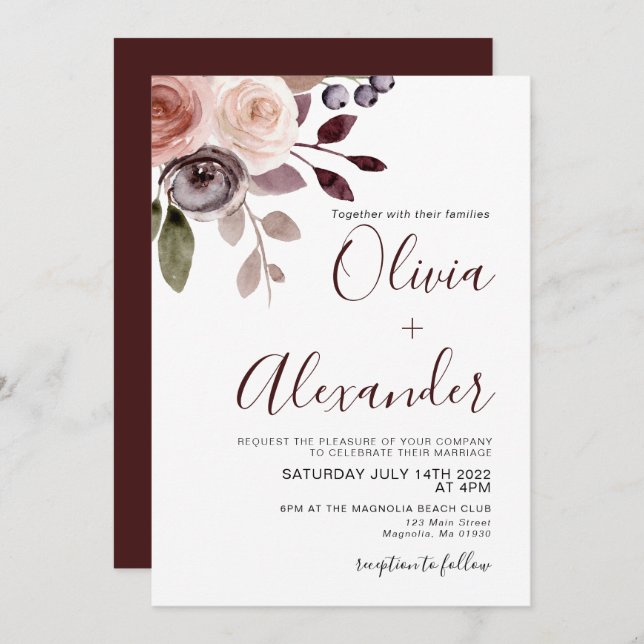 Elegante Invitación de Boda de Floral Fall (Anverso / Reverso)