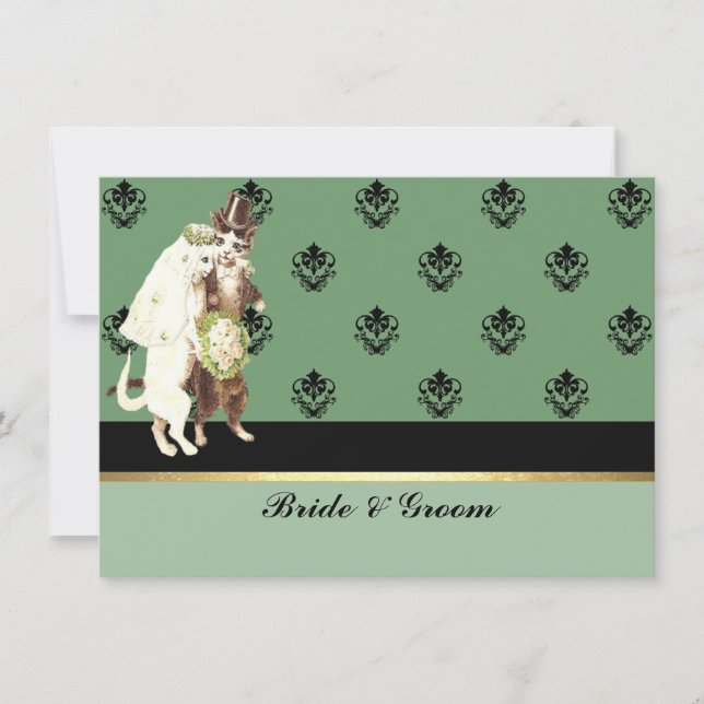 Elegante Invitación de Boda de Gatos Verde Damasco (Anverso)