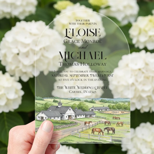 Elegante Invitación de Boda de Granero de Caballos (Invite guest to your scenic wedding day with this Elegant Watercolor Horse Stable Barn Invite!)
