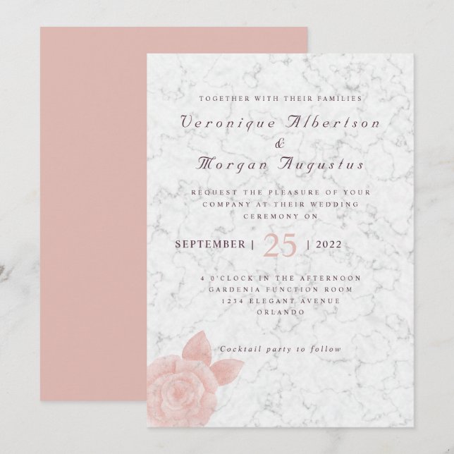 Elegante invitación de boda de guion rosa rosa ros (Anverso / Reverso)
