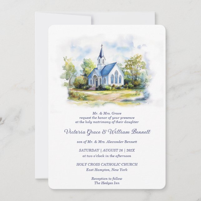 Elegante Invitación de Boda de Iglesia con Acuarel (Anverso)