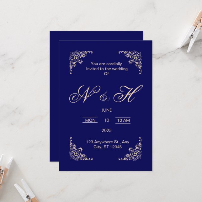 Elegante invitación de boda de la Marina Azul (Anverso/Reverso In Situ)