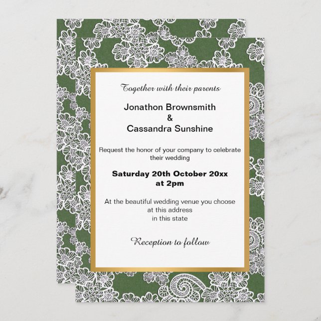 ELEGANTE INVITACIÓN DE BODA DE LACES BLANCOS VERDE (Anverso / Reverso)