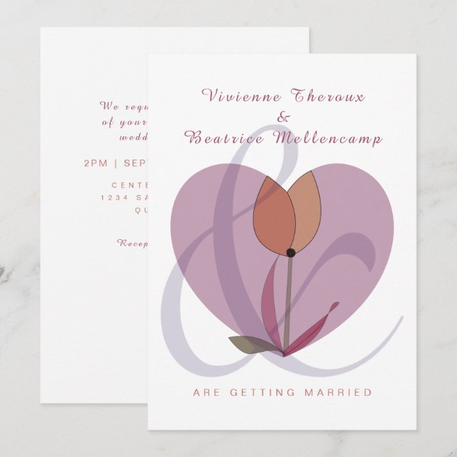 Elegante invitación de boda de lesbianas de corazó (Anverso / Reverso)