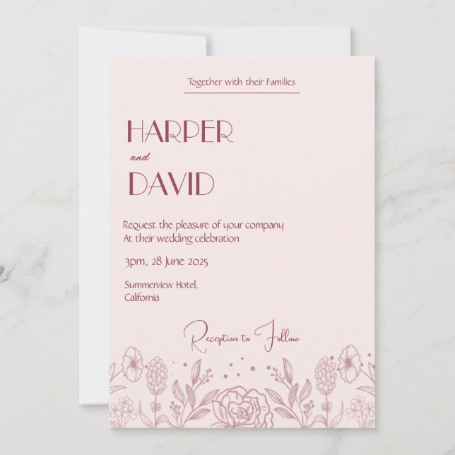 Elegante Invitación de Boda de Línea Floral Rosa (Anverso)