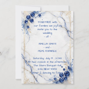 Elegante Invitación de Boda de Mármol Azul Real y