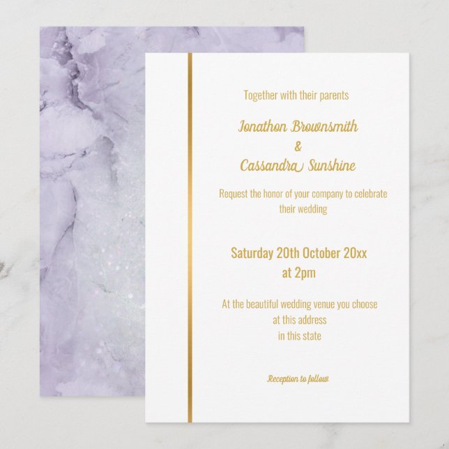 ELEGANTE INVITACIÓN DE BODA DE MÁRMOL DE LILAC (Anverso / Reverso)