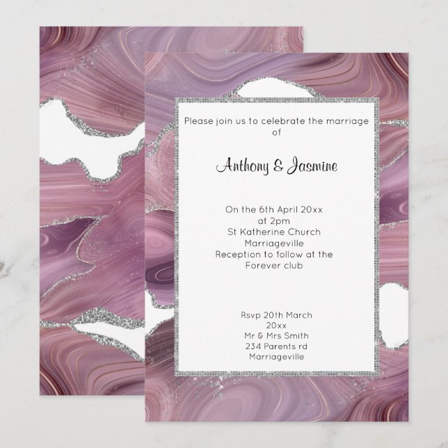 ELEGANTE INVITACIÓN DE BODA DE MÁRMOL DE PURPURINA (Anverso / Reverso)