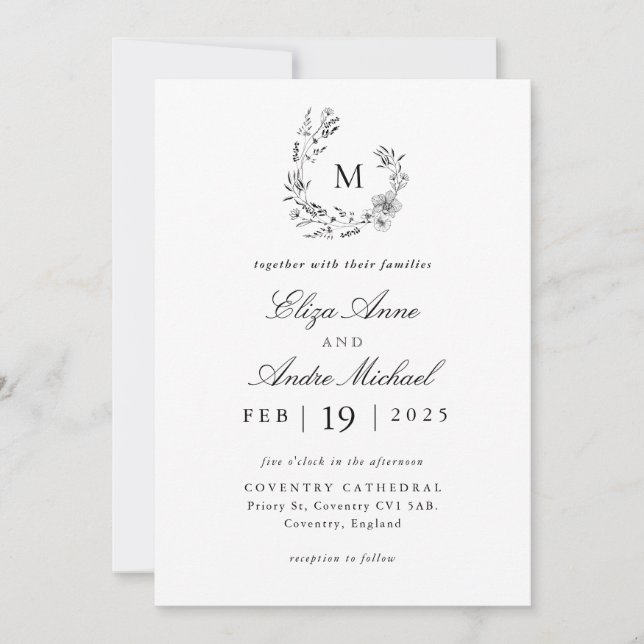 Elegante invitación de Boda de Monograma Blanco y  (Anverso)