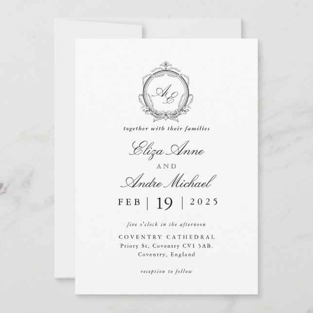 Elegante invitación de Boda de Monograma Blanco y  (Anverso)