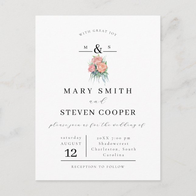 Elegante Invitación de Boda de Monograma Floral (Anverso)