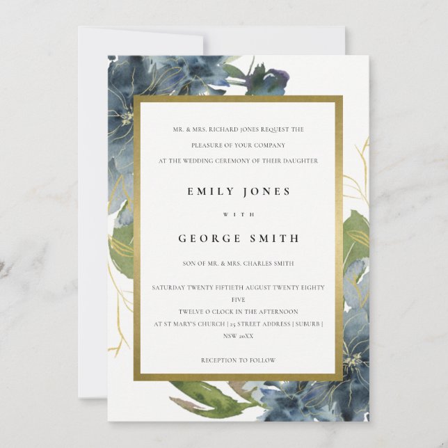 ELEGANTE INVITACIÓN DE BODA DE ORO AZUL VERDE (Anverso)