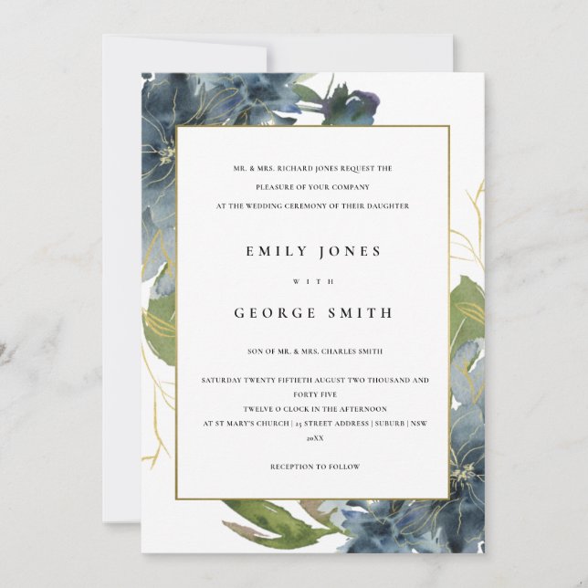 ELEGANTE INVITACIÓN DE BODA DE ORO AZUL VERDE (Anverso)