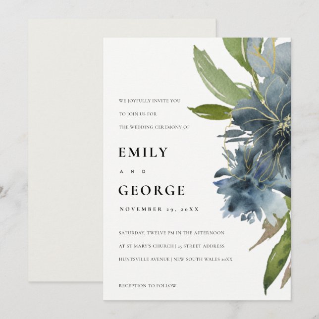ELEGANTE INVITACIÓN DE BODA DE ORO AZUL VERDE (Anverso / Reverso)