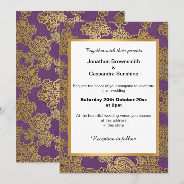 ELEGANTE INVITACIÓN DE BODA DE ORO BLANCO PURPLE (Anverso / Reverso)